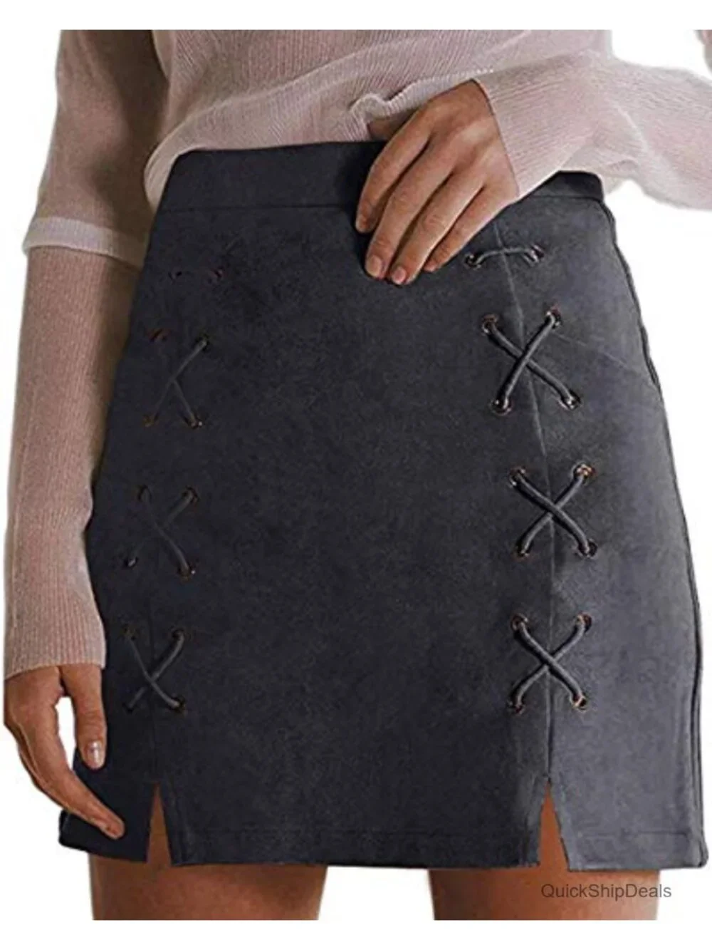 Women's Faux Suede High Waist Lace Up Side Slit Bodycon Mini Skirt